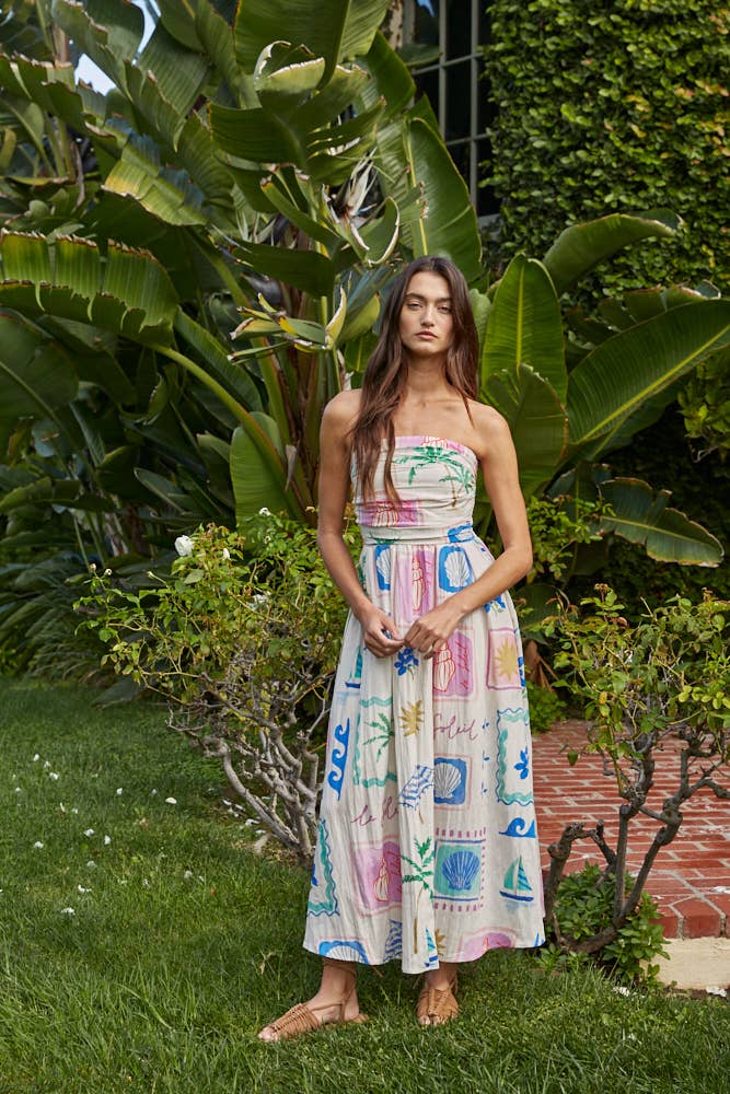 Rayon Print Strapless Midi