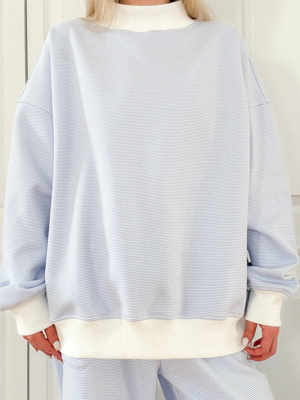 Blue and White Striped Mockneck Sweatshirt