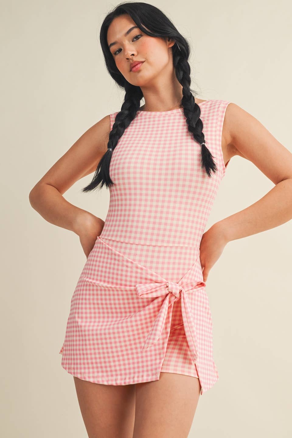 Peachy Gingham Print Sleeveless Wrap Tie Dress