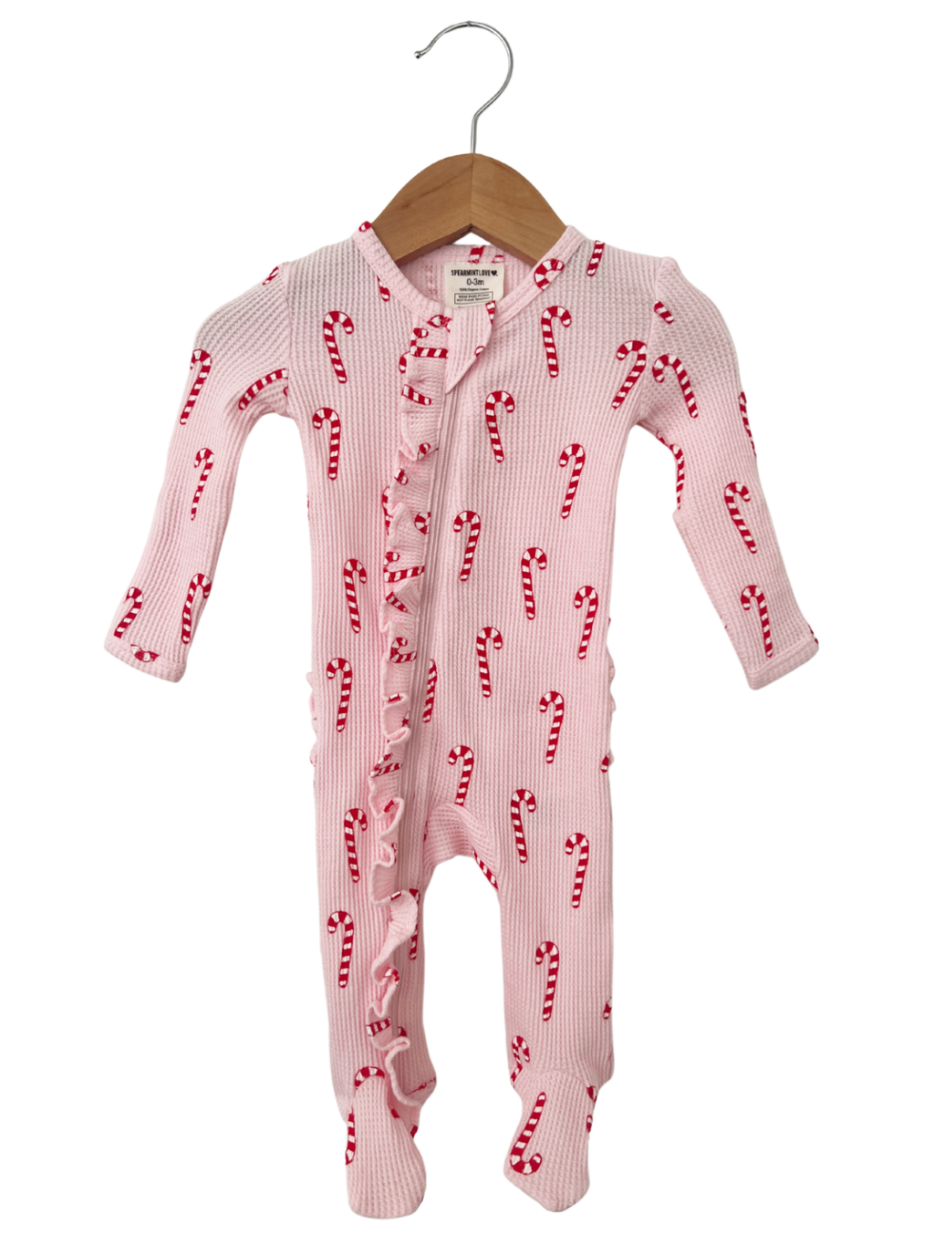 Pink Candy Cane Organic Waffle Ruffle Zip Footie