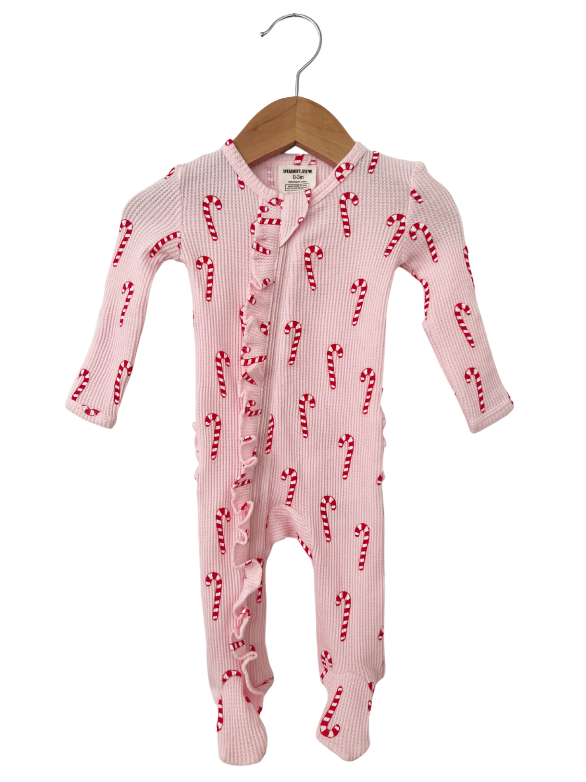 Pink Candy Cane Organic Waffle Ruffle Zip Footie