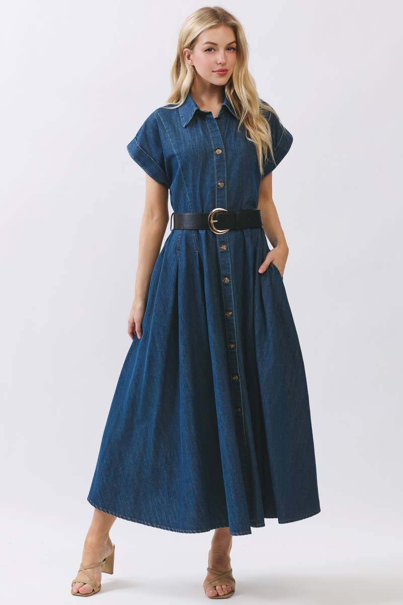Washed Denim Button Down Maxi Dress