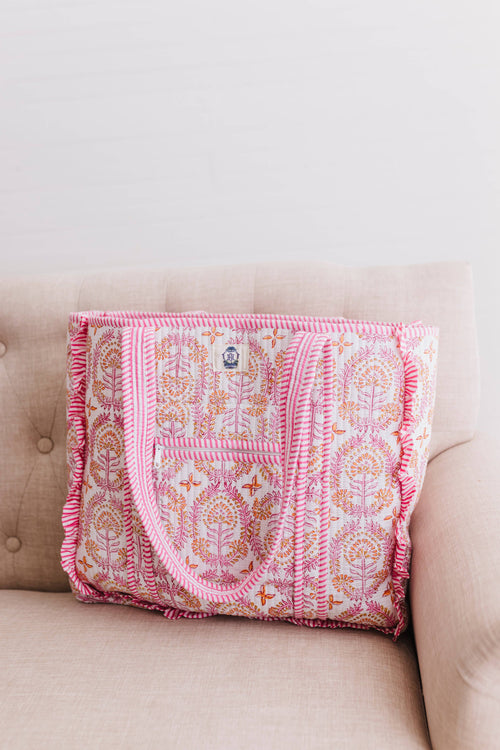 Block Print Large Quilted Ruffle Tote Bag | Dahlia