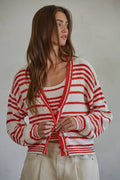 Red and White Knit Striped V-Neck Cardi