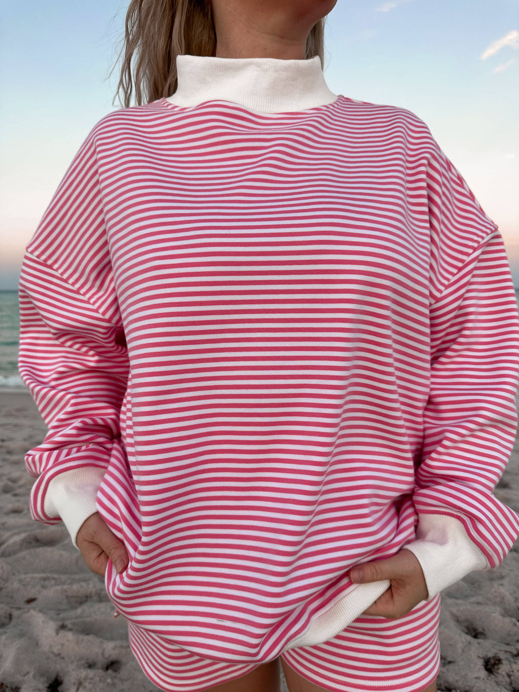 Pink and White Big Striped Mockneck Sweatshirt