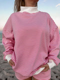 Pink and White Big Striped Mockneck Sweatshirt