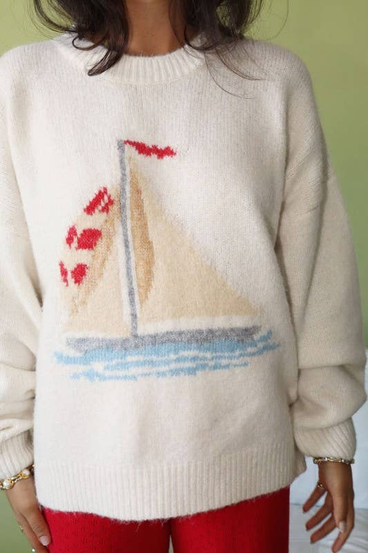Sandy Sailboat Knit Fuzzy Sweater