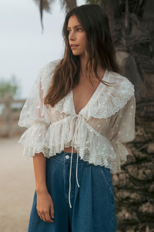 Sheer Lace Front Tie Ruffle Blouse With Oversized Collar