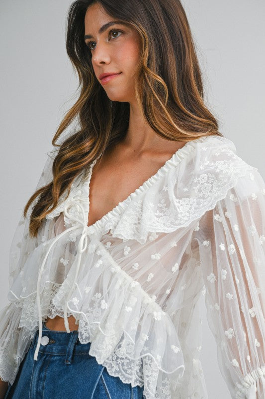 Sheer Lace Front Tie Ruffle Blouse With Oversized Collar