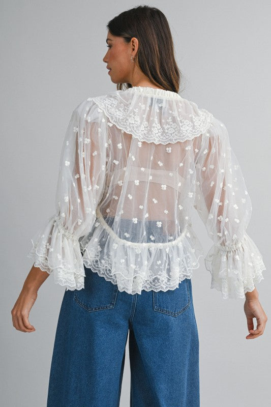 Sheer Lace Front Tie Ruffle Blouse With Oversized Collar