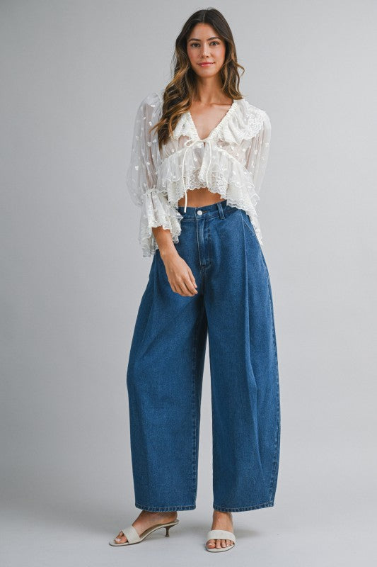 Sheer Lace Front Tie Ruffle Blouse With Oversized Collar