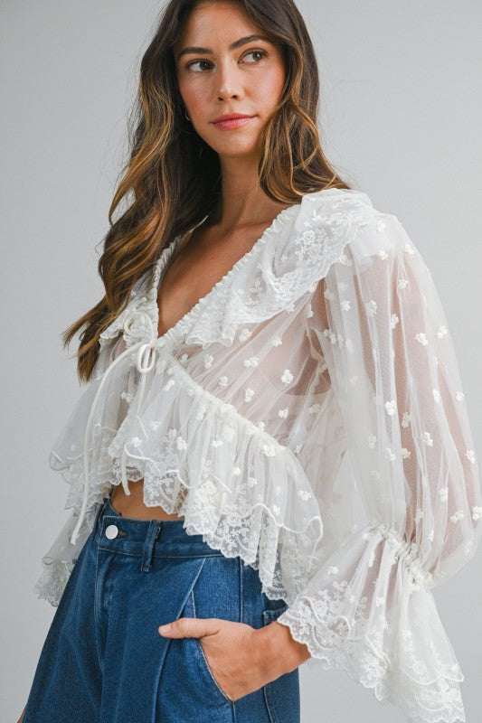 Sheer Lace Front Tie Ruffle Blouse With Oversized Collar