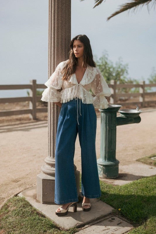 Sheer Lace Front Tie Ruffle Blouse With Oversized Collar