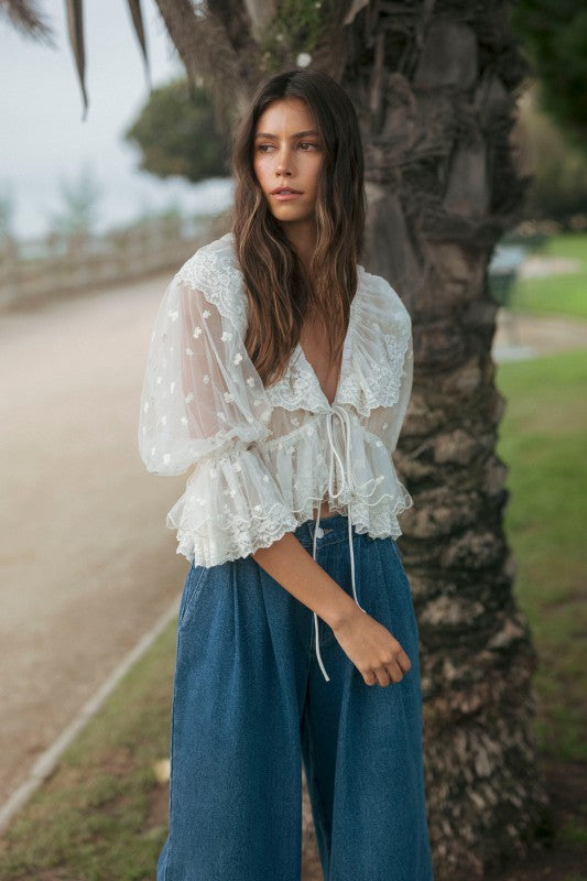 Sheer Lace Front Tie Ruffle Blouse With Oversized Collar