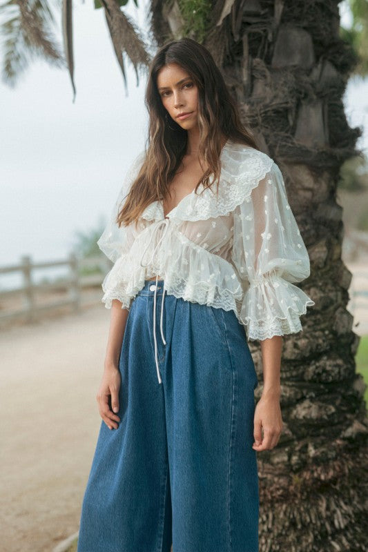 Sheer Lace Front Tie Ruffle Blouse With Oversized Collar