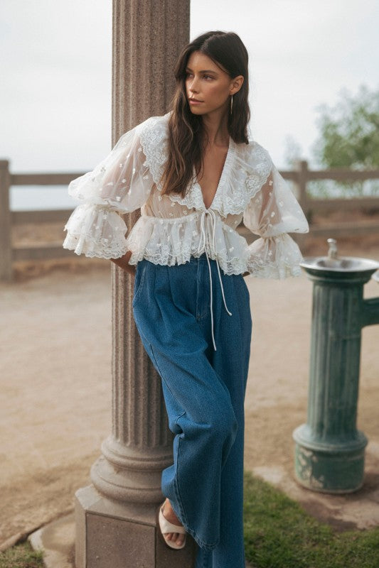 Sheer Lace Front Tie Ruffle Blouse With Oversized Collar