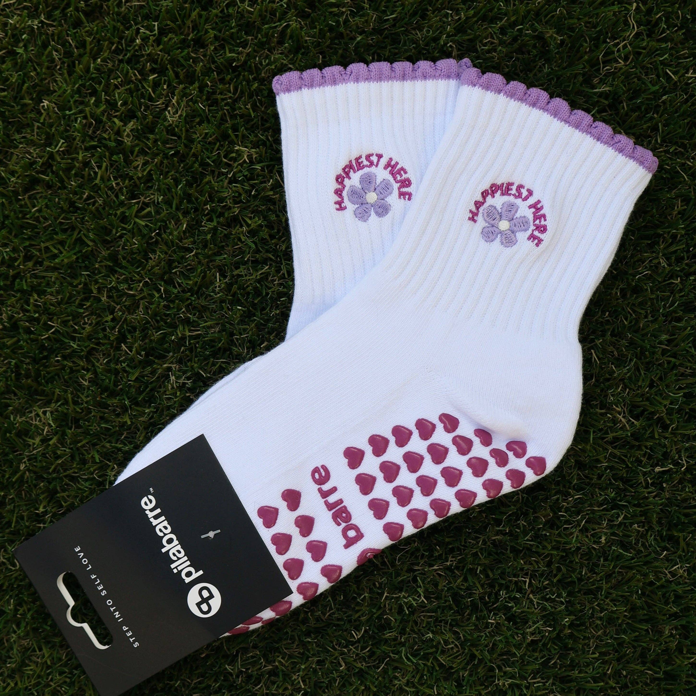 Happiest Here Grip Socks - Purple/White