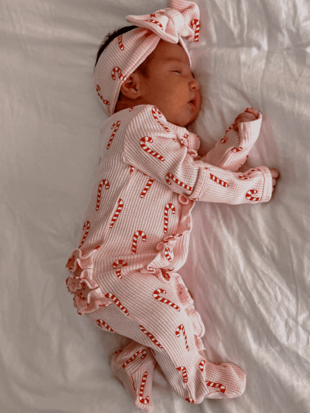 Pink Candy Cane Organic Waffle Ruffle Zip Footie