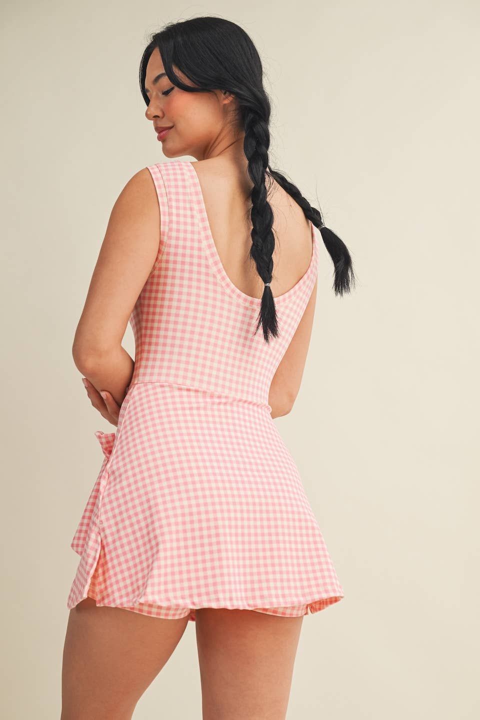 Peachy Gingham Print Sleeveless Wrap Tie Dress