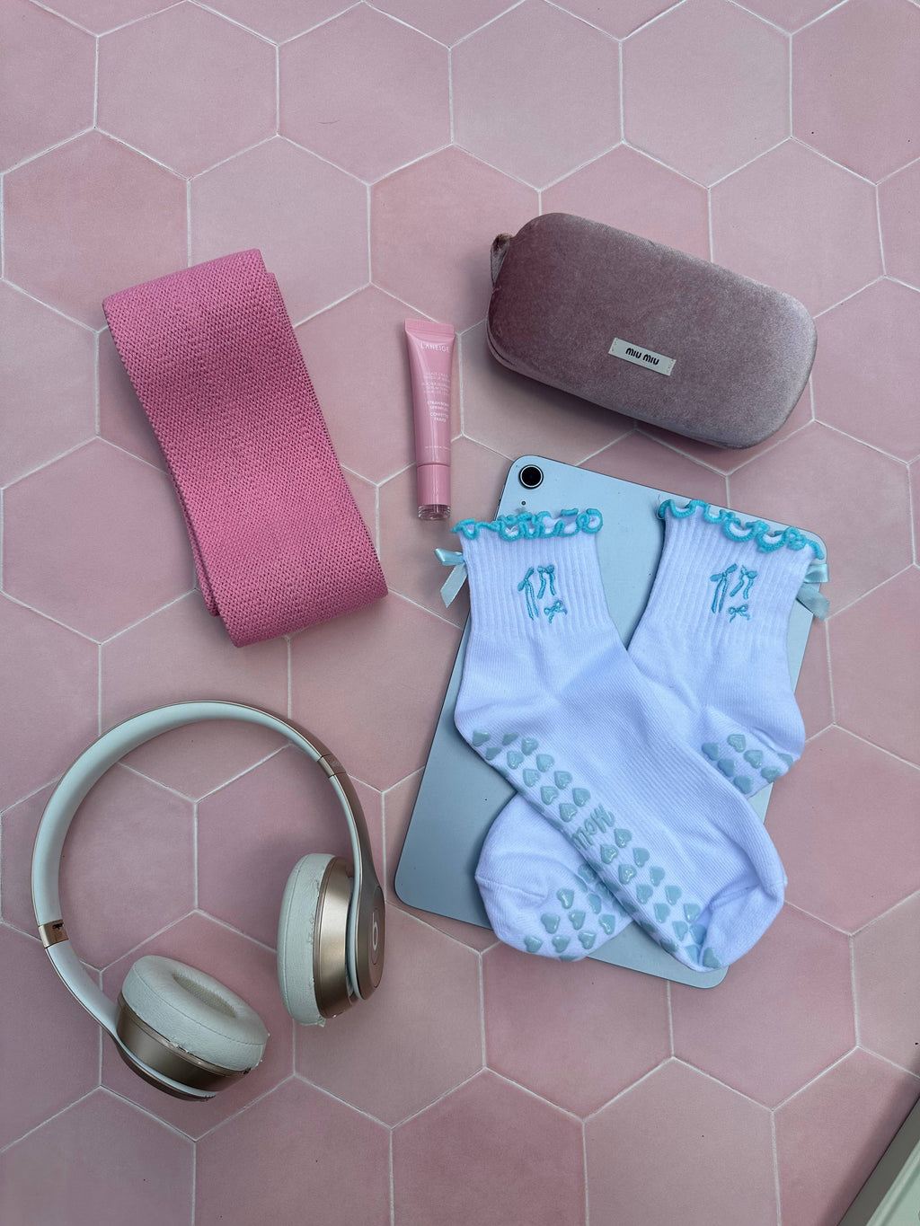 Blue Coquette Bow Grip Socks