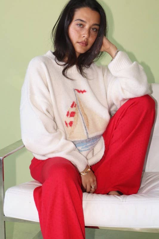 Sandy Sailboat Knit Fuzzy Sweater