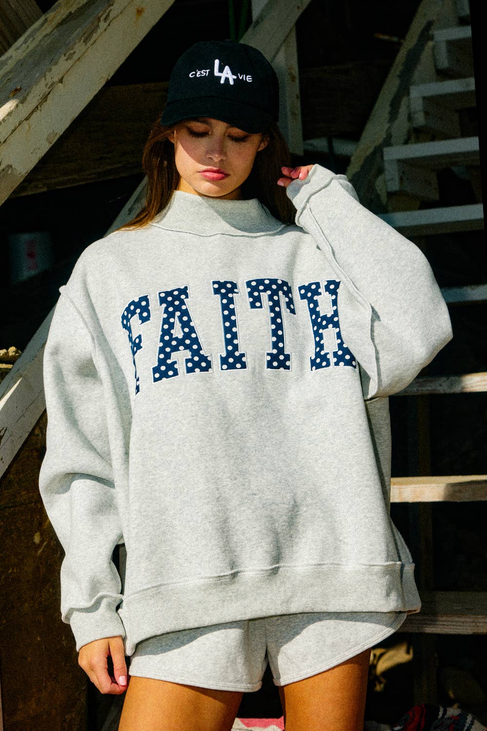 Faith Embroidered Polka Dot Mock Neck