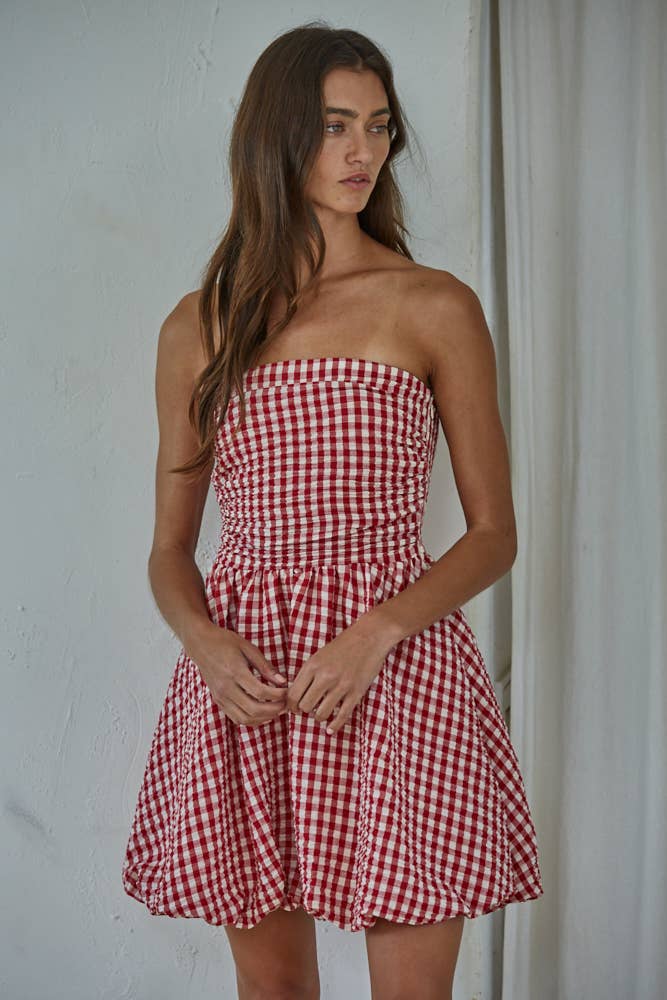 Woven Polyester Gingham Print Smocking Tube Mini