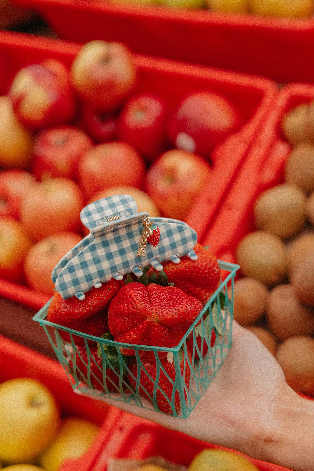 Strawberry Charm Blue Gingham Claw Clip