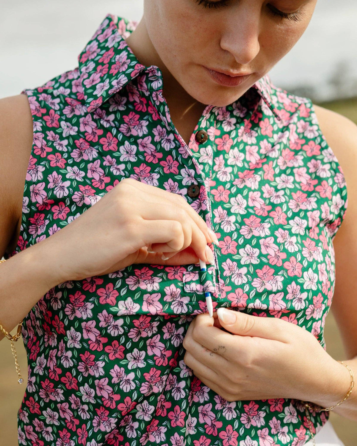 Womens Green and Prink Floral Print Sleeveless Polo