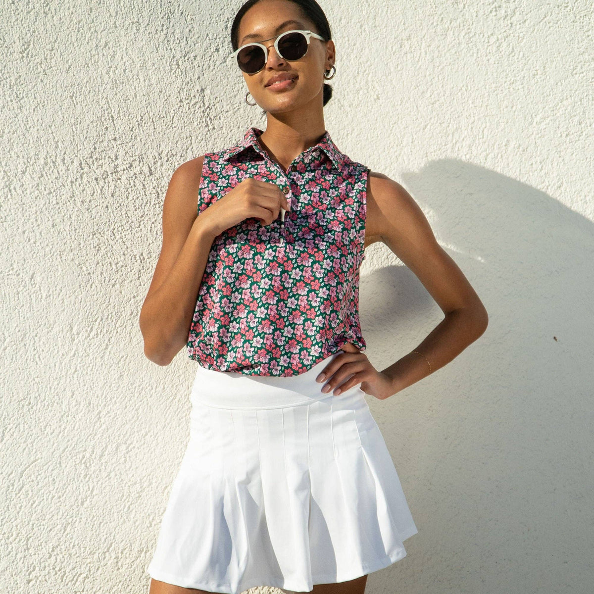 Womens Green and Prink Floral Print Sleeveless Polo