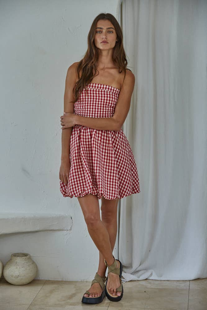 Woven Polyester Gingham Print Smocking Tube Mini