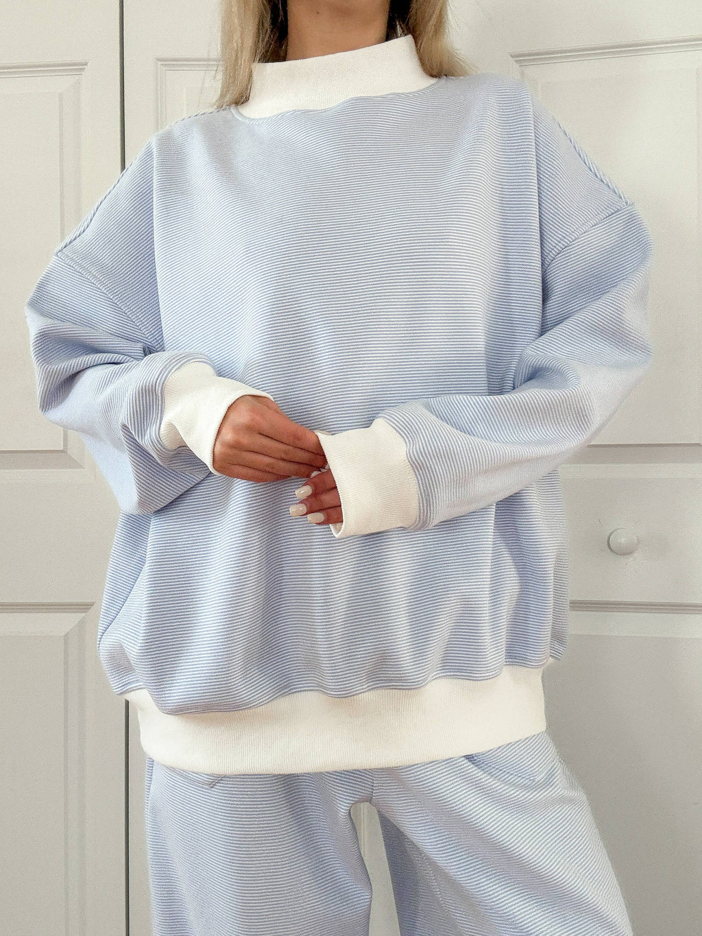 Blue and White Striped Mockneck Sweatshirt