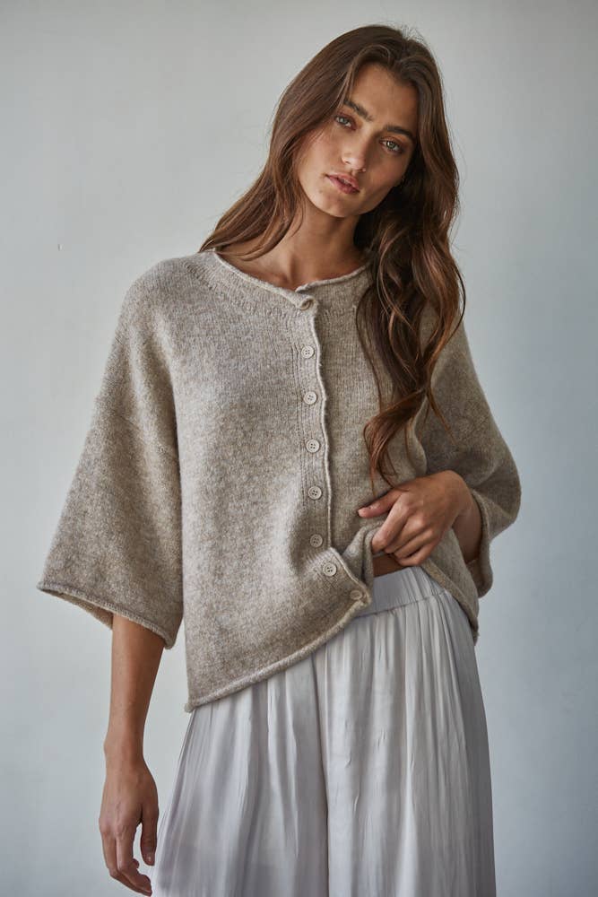 Cozy Knit Quarter Sleeve Button Up Sweater