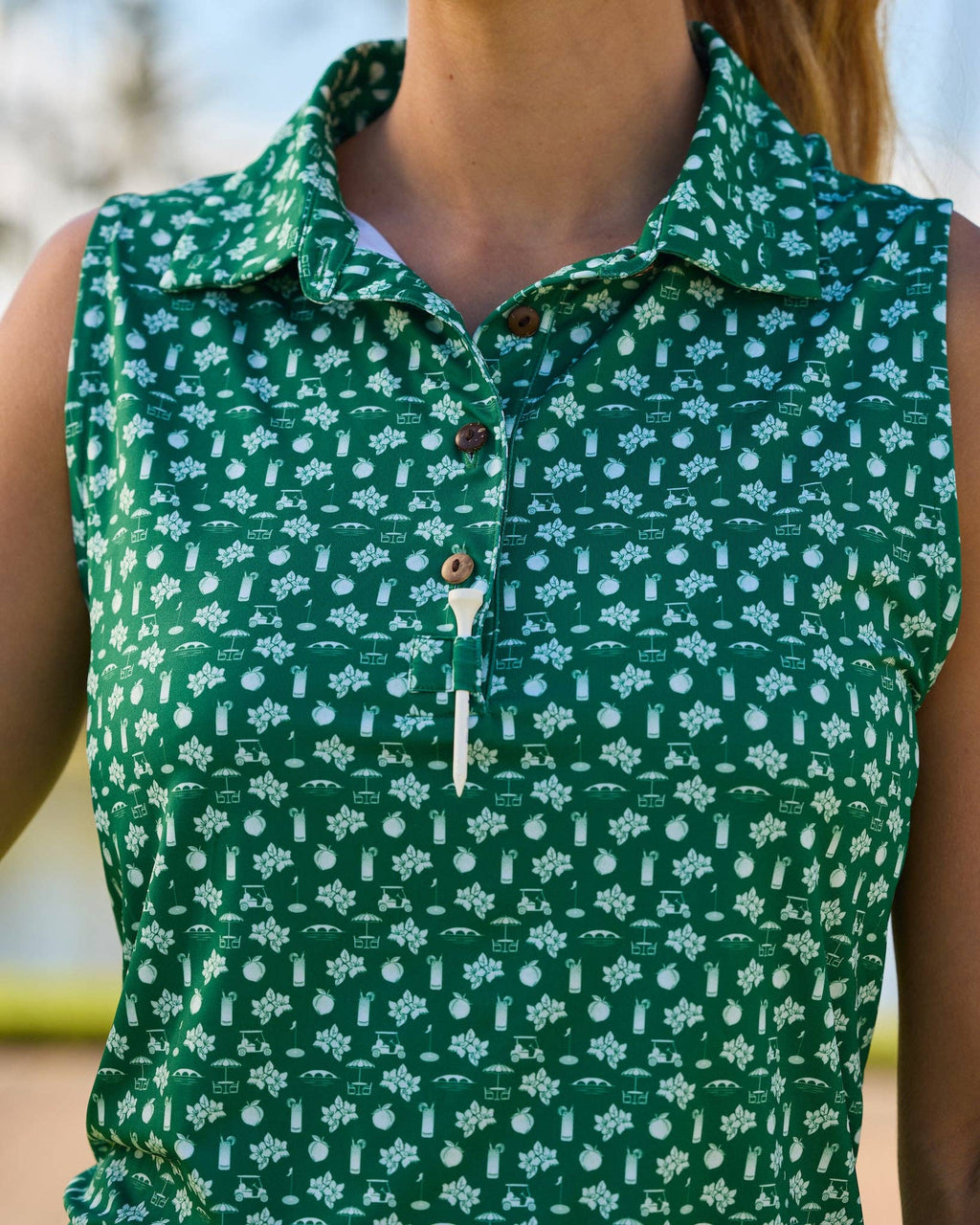 Womens Green and White Print Sleeveless Polo