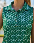Womens Green and White Print Sleeveless Polo