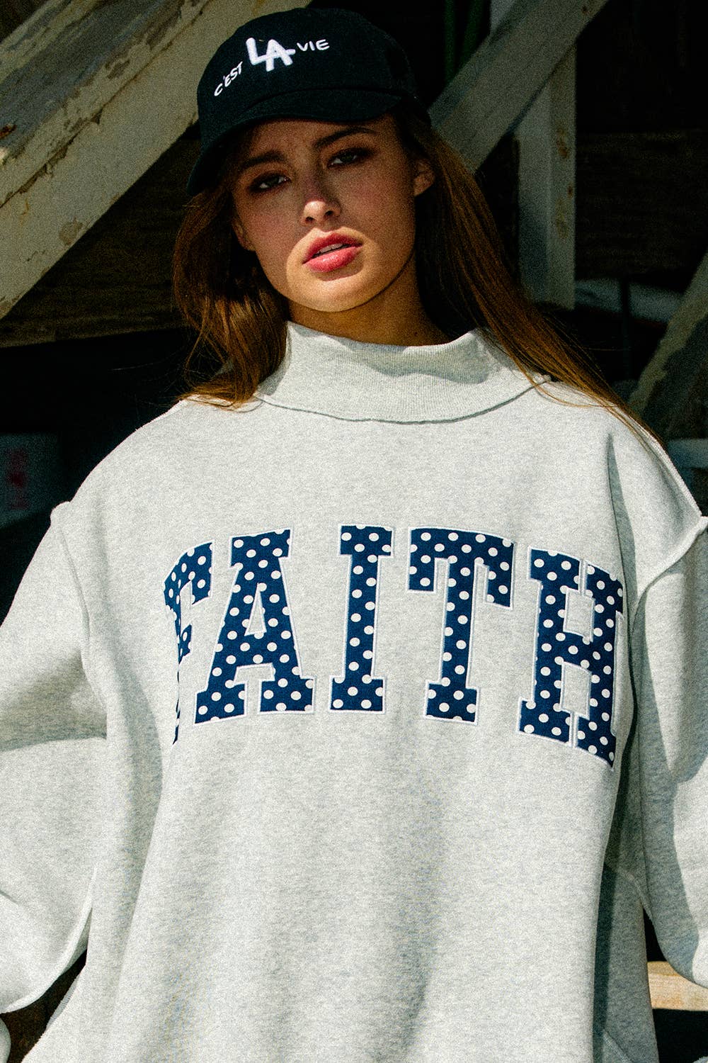 Faith Embroidered Polka Dot Mock Neck
