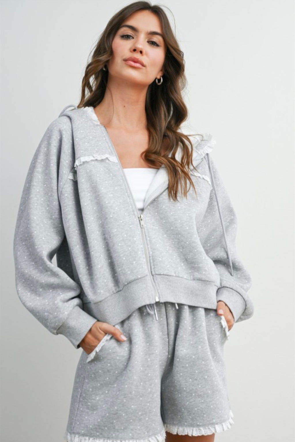 Polka Dot Ruffle Zip Hoodie