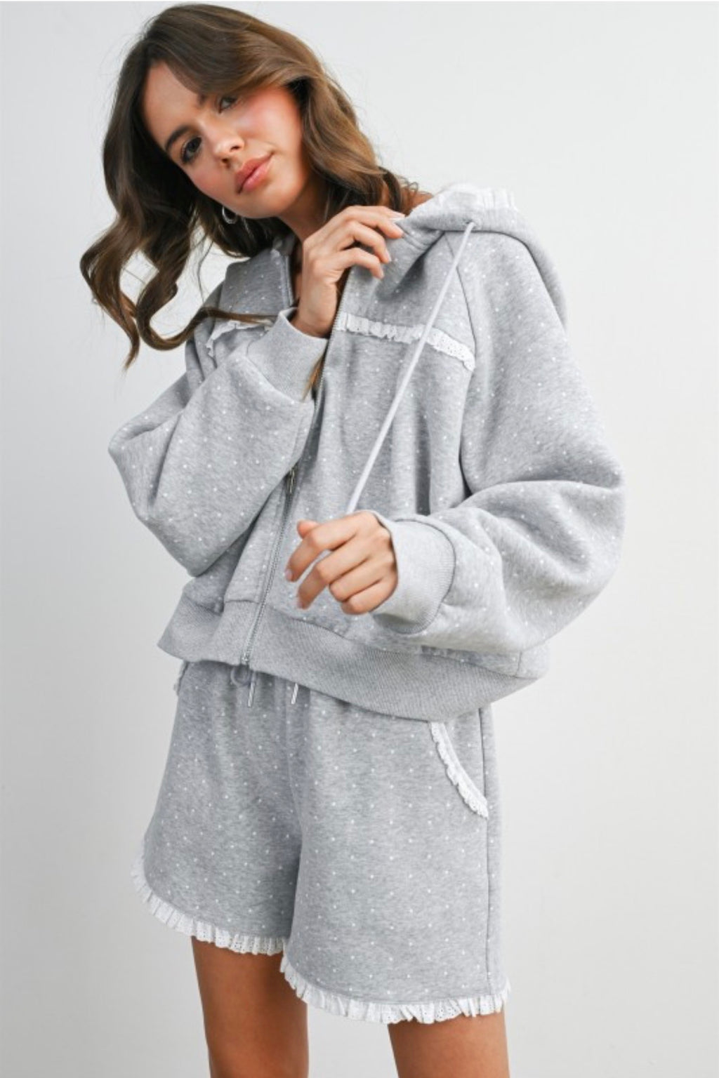 Polka Dot Ruffle Zip Hoodie