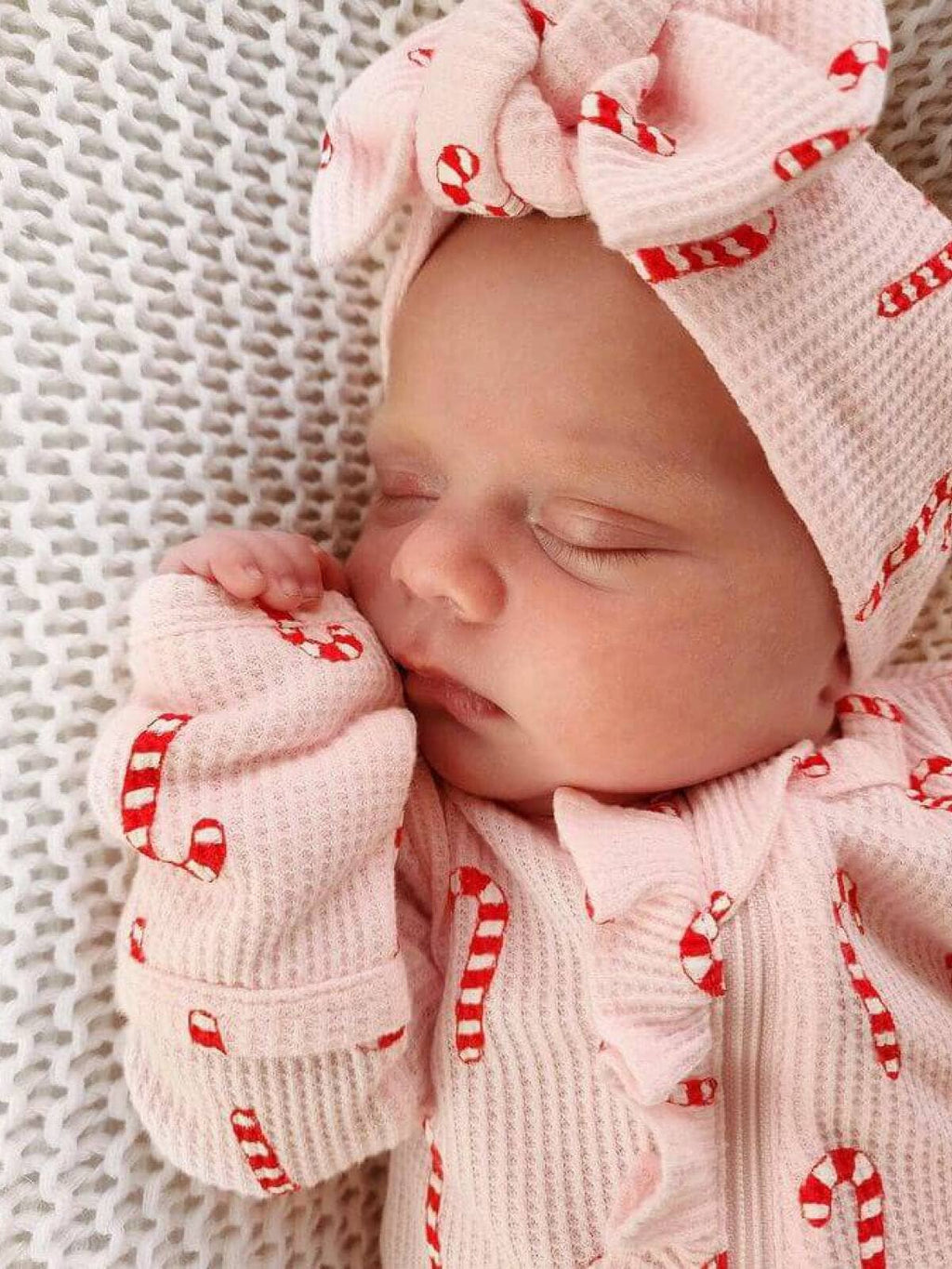 Pink Candy Cane Organic Waffle Ruffle Zip Footie