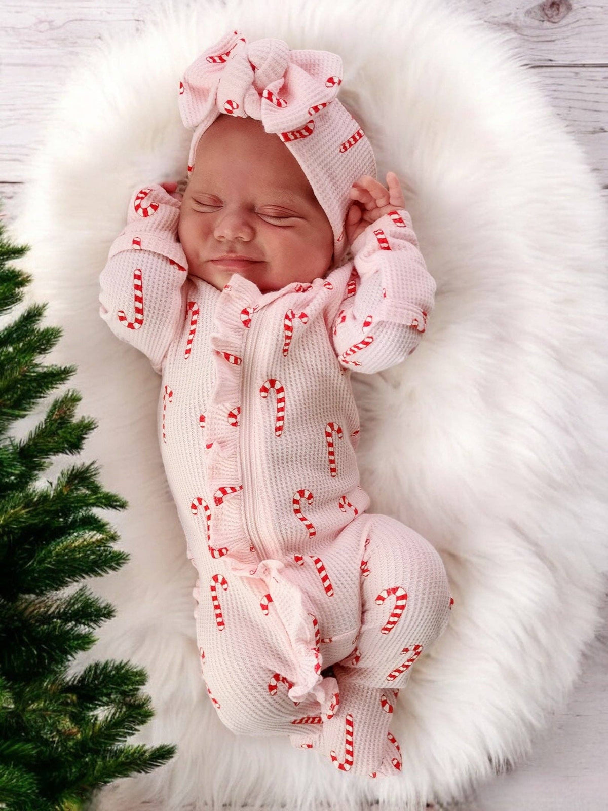 Pink Candy Cane Organic Waffle Ruffle Zip Footie