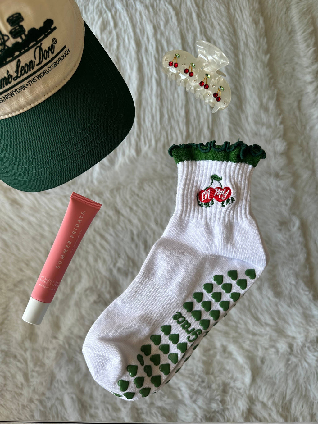 Green Ruffle Cherry Pilates Grip Socks