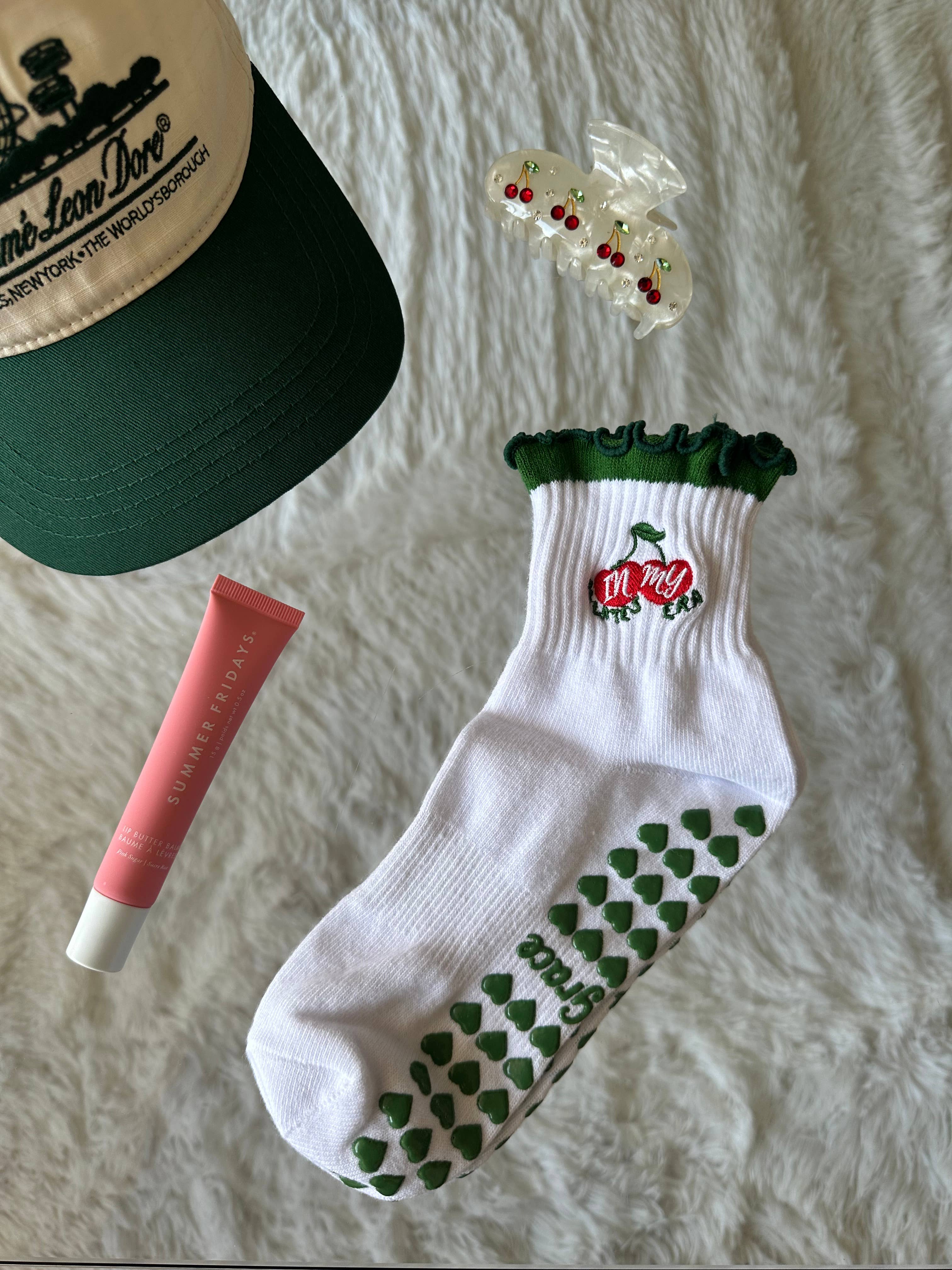 Green Ruffle Cherry Pilates Grip Socks