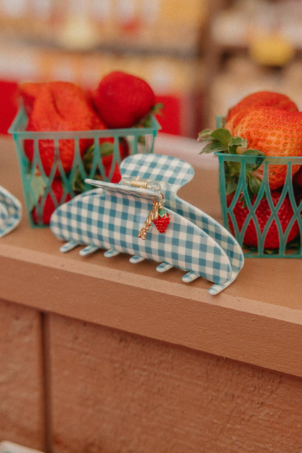 Strawberry Charm Blue Gingham Claw Clip