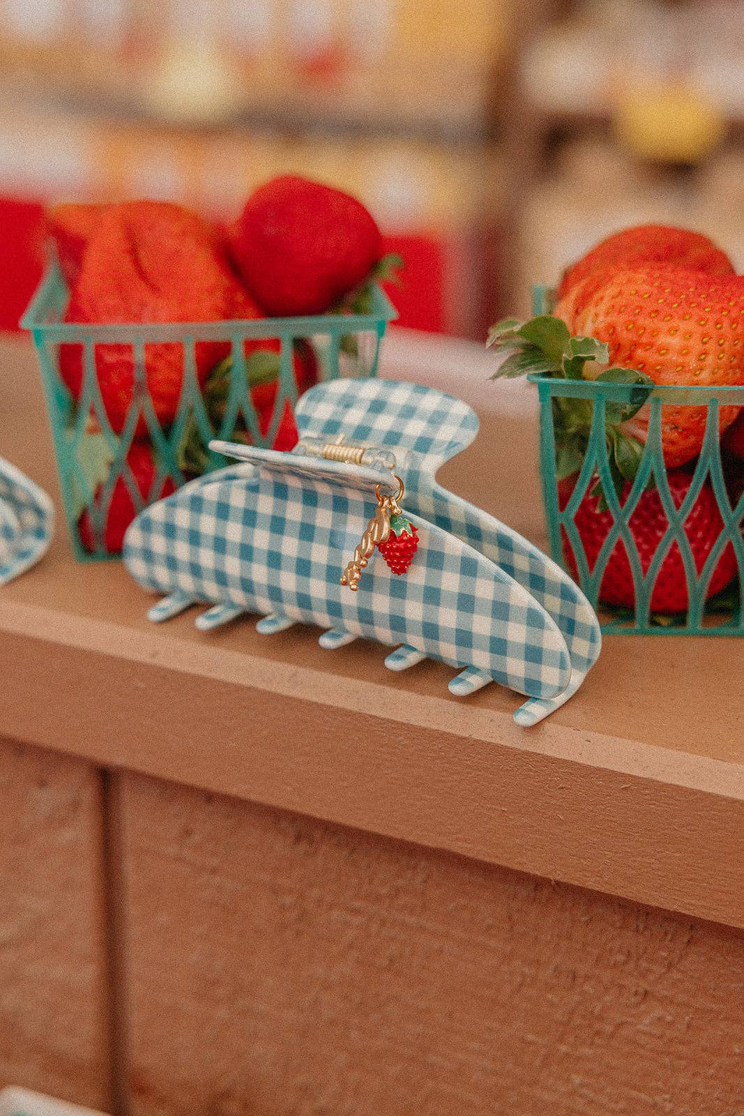 Strawberry Charm Blue Gingham Claw Clip