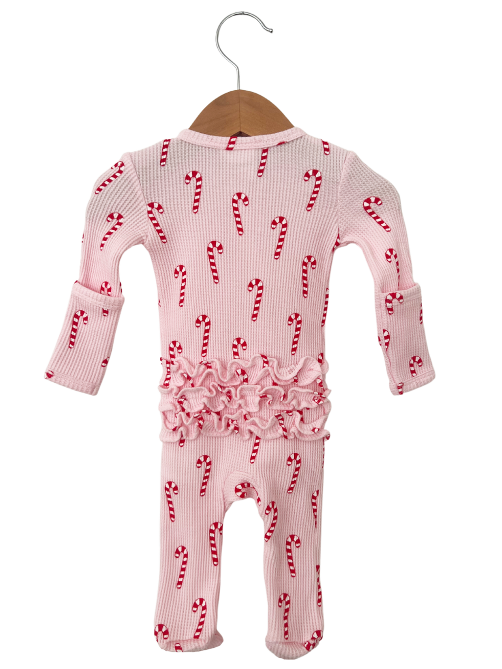 Pink Candy Cane Organic Waffle Ruffle Zip Footie
