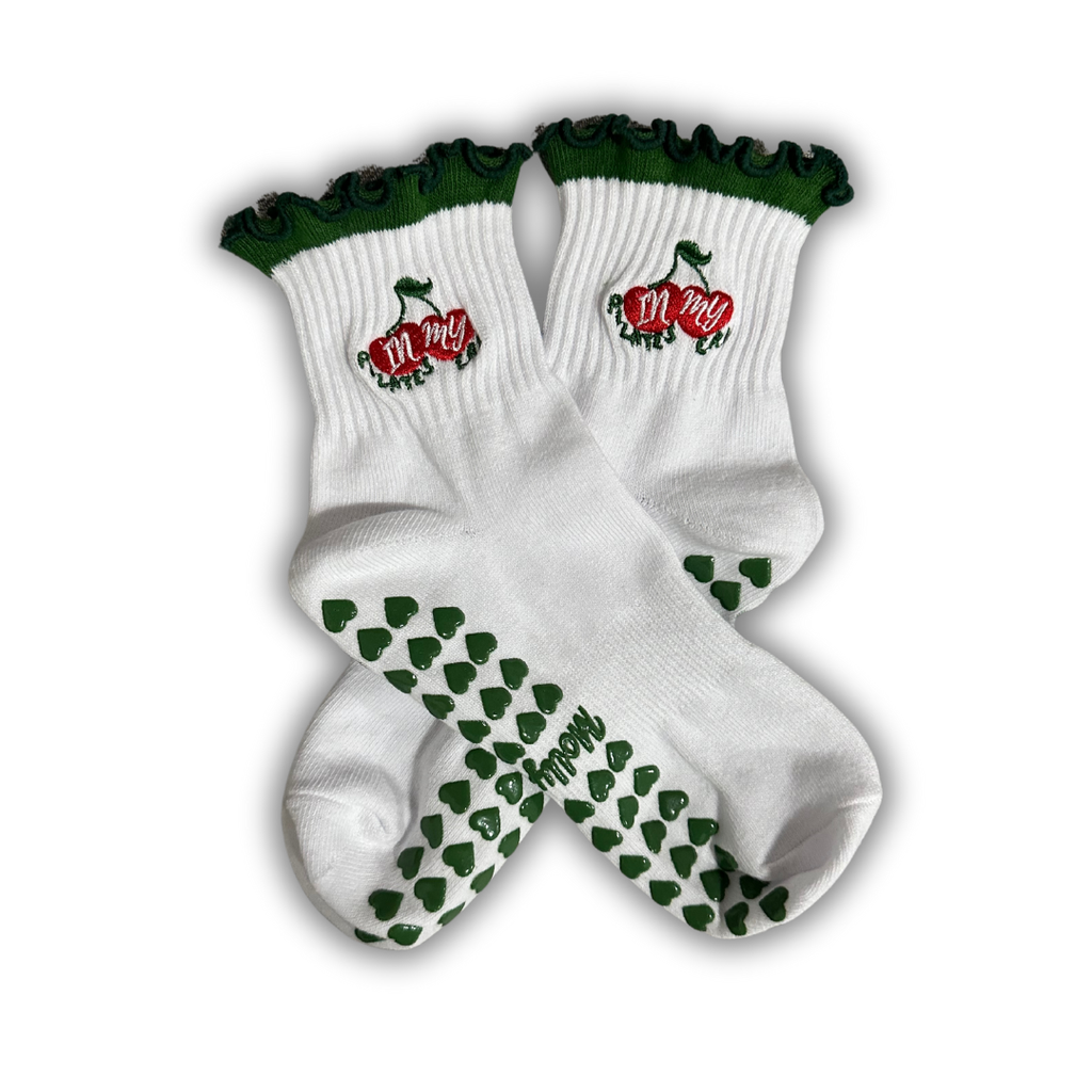 Green Ruffle Cherry Pilates Grip Socks
