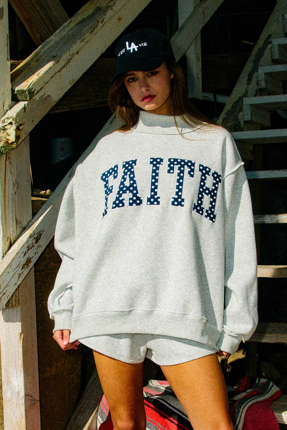 Faith Embroidered Polka Dot Mock Neck