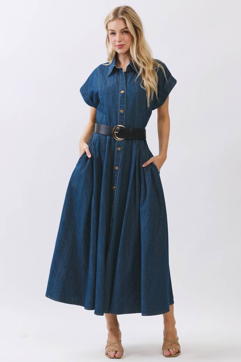 Washed Denim Button Down Maxi Dress