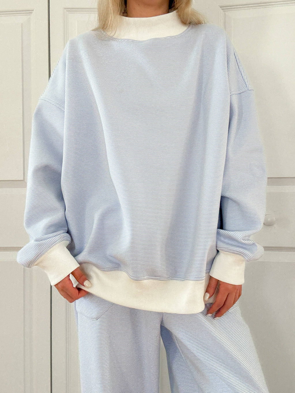 Blue and White Striped Mockneck Sweatshirt
