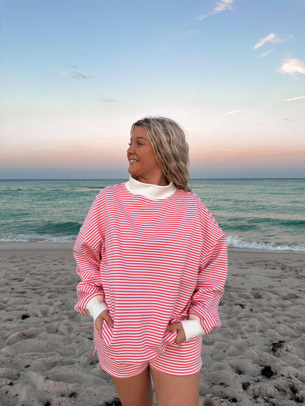 Pink and White Big Striped Mockneck Sweatshirt